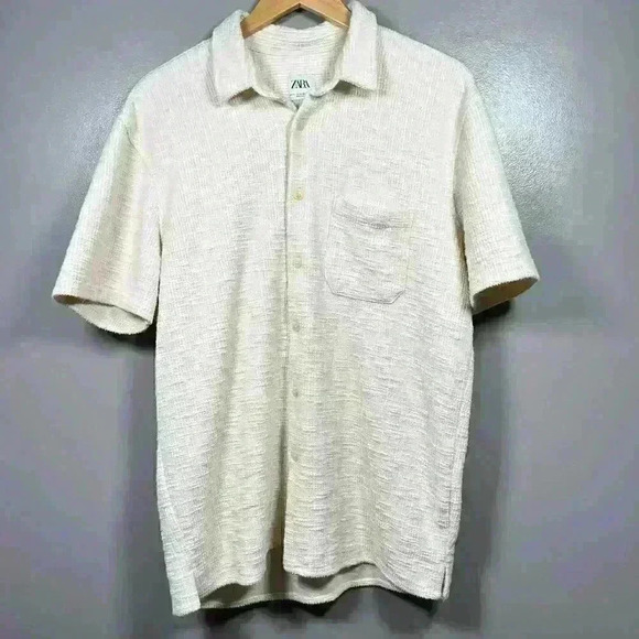 ZARA Cabana Resort Relaxed Button Up Collared Textured Linen Look Top Women XL - Picture 1 of 10